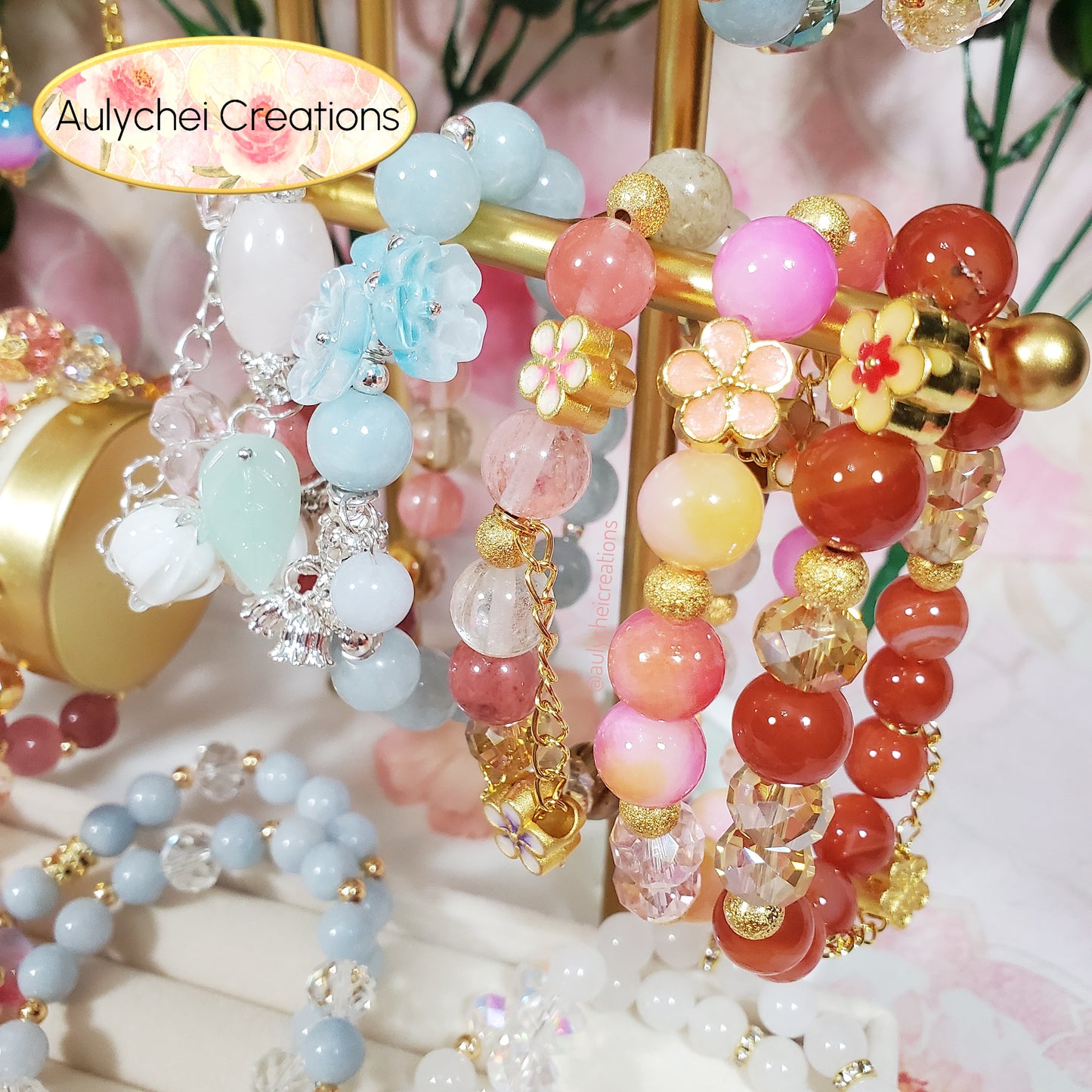 Red Agate Gemstone Bracelet with Sakura Blossom