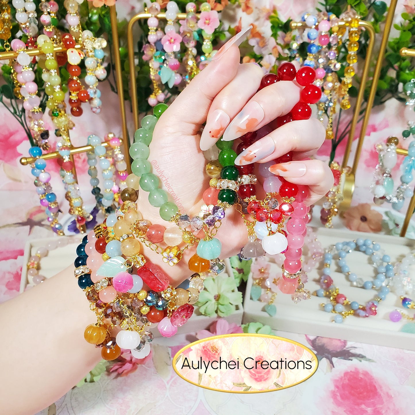 Glass Flower Pendant Rutilated Gemstone Bracelet