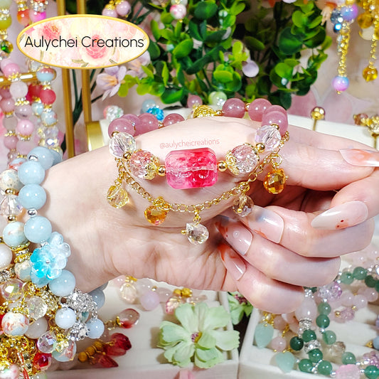 Glass Flower Pendant Rutilated Gemstone Bracelet