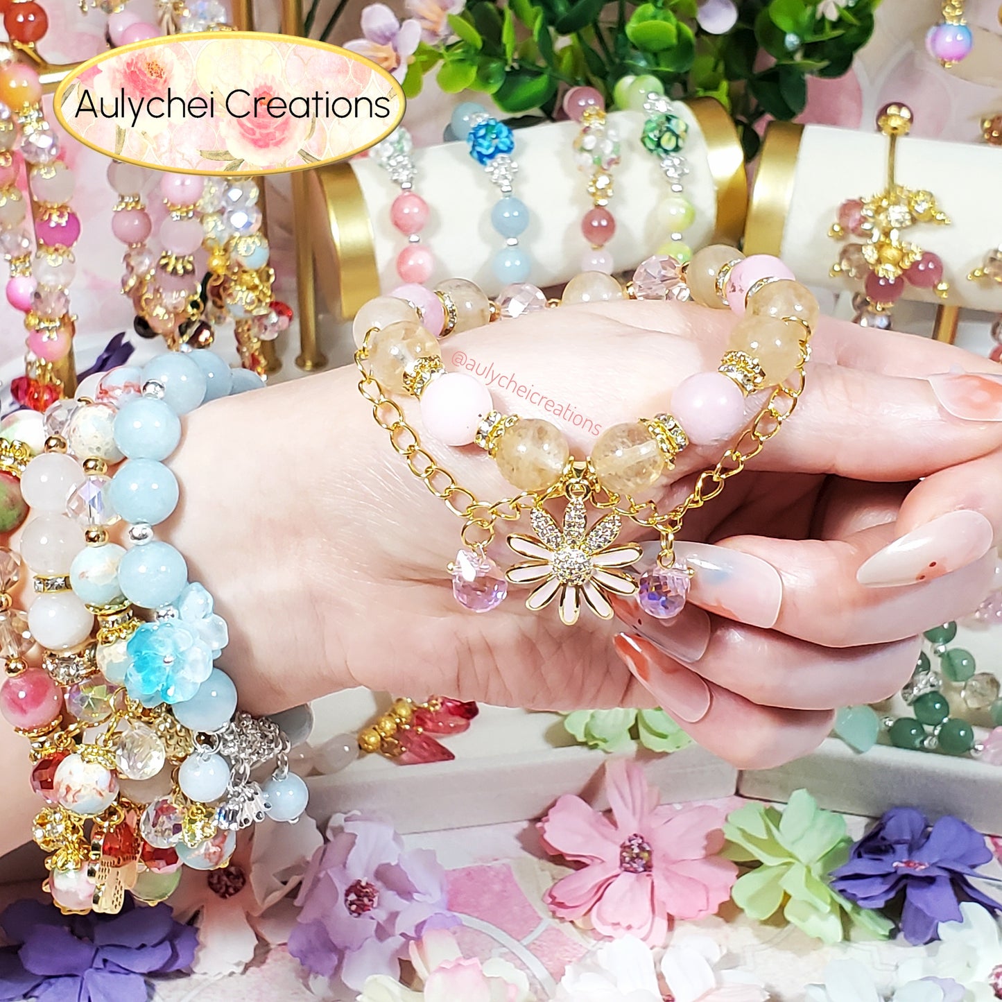 Rutilated Gemstone Bracelet with 18K Daisy Enamel Charm