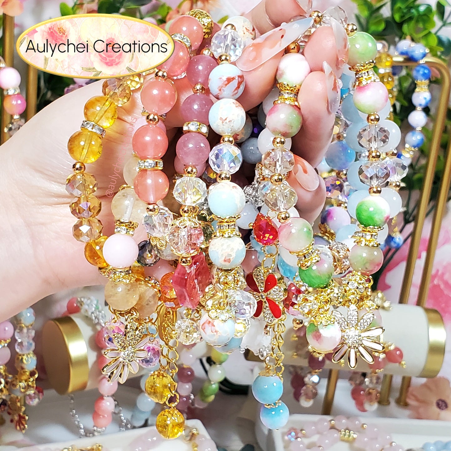 White Jade Gemstone Bracelet with Flower Enamel Charm