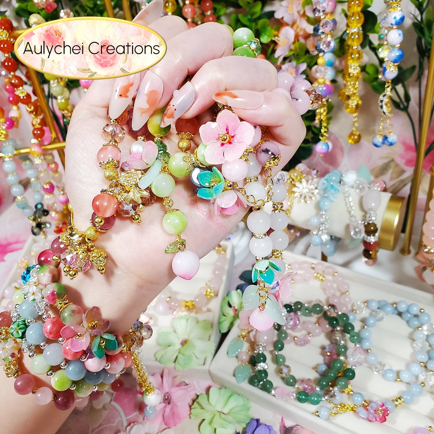 Resin Flower Watermelon Jade Gemstone Bracelet