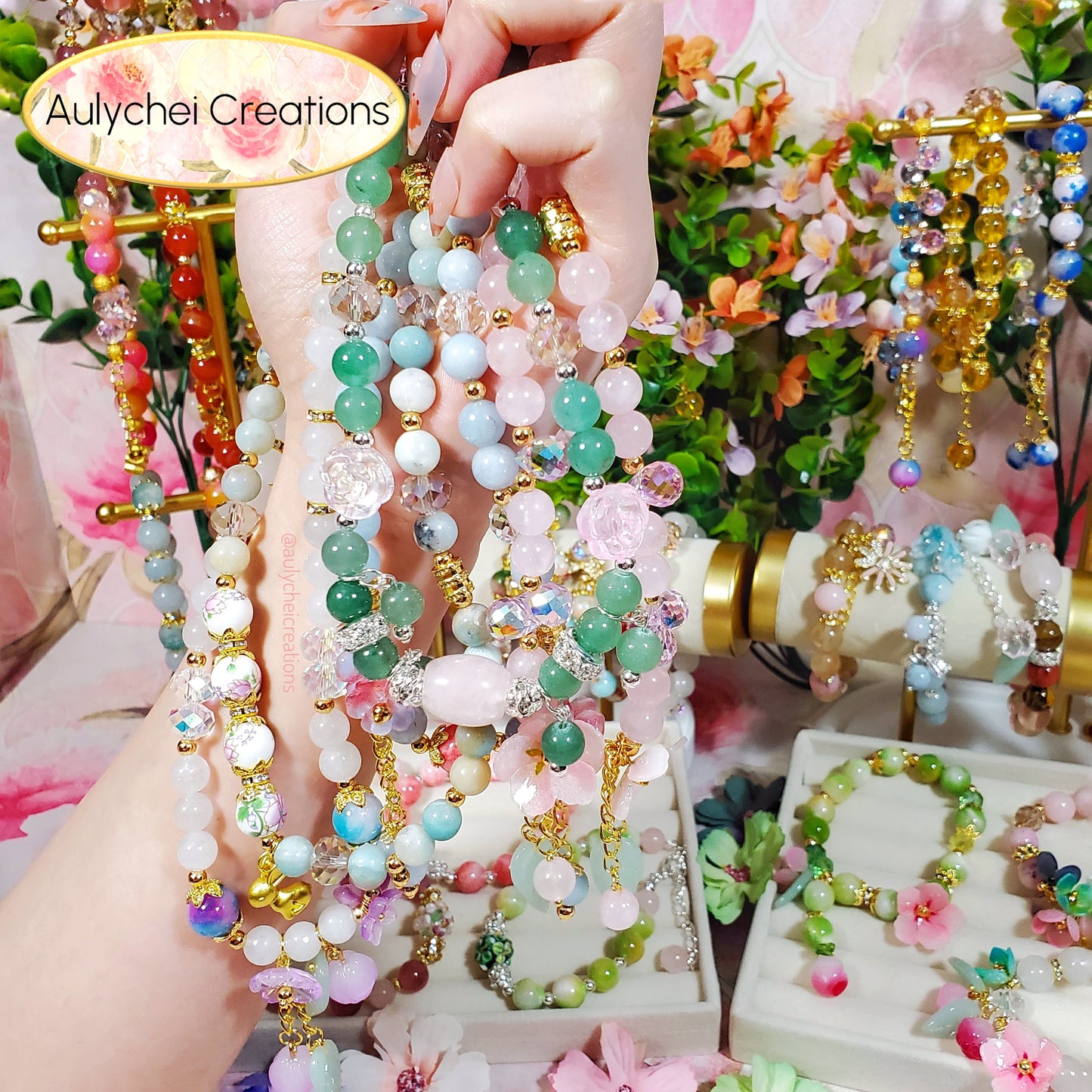 Rose Quartz Double Wrap Gemstone Bracelet with Resin Sakura Blossom Charm