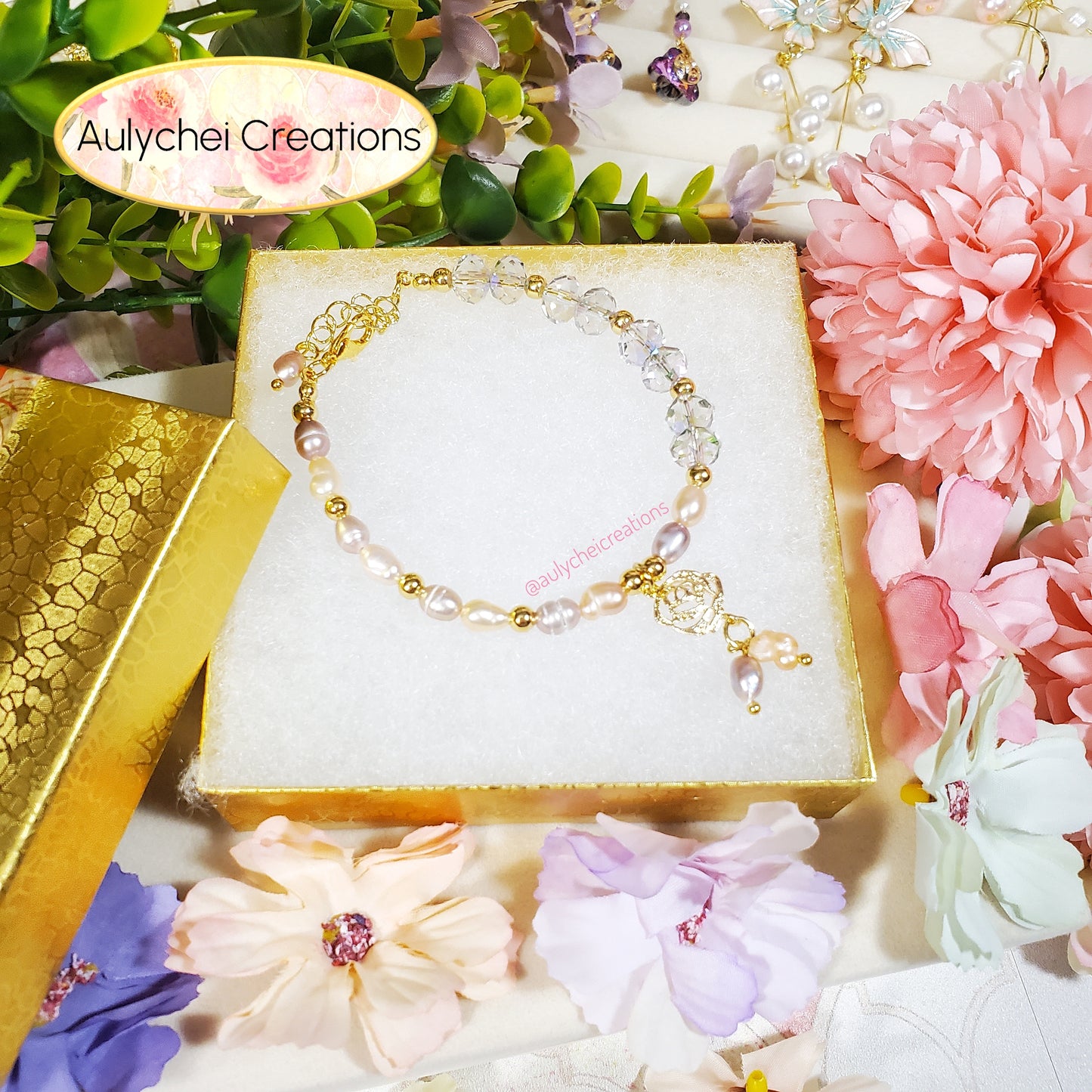 Rose Freshwater Cultured Pearl Crystal Jewelry Set Leaf Ver.