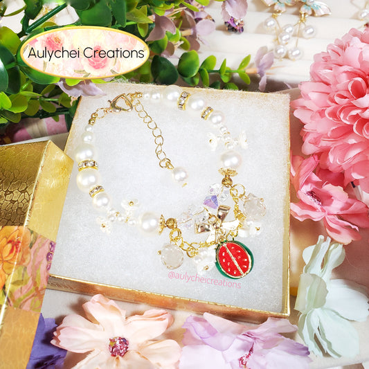 Ivory Pearl Watermelon Enamel Charm Bracelet