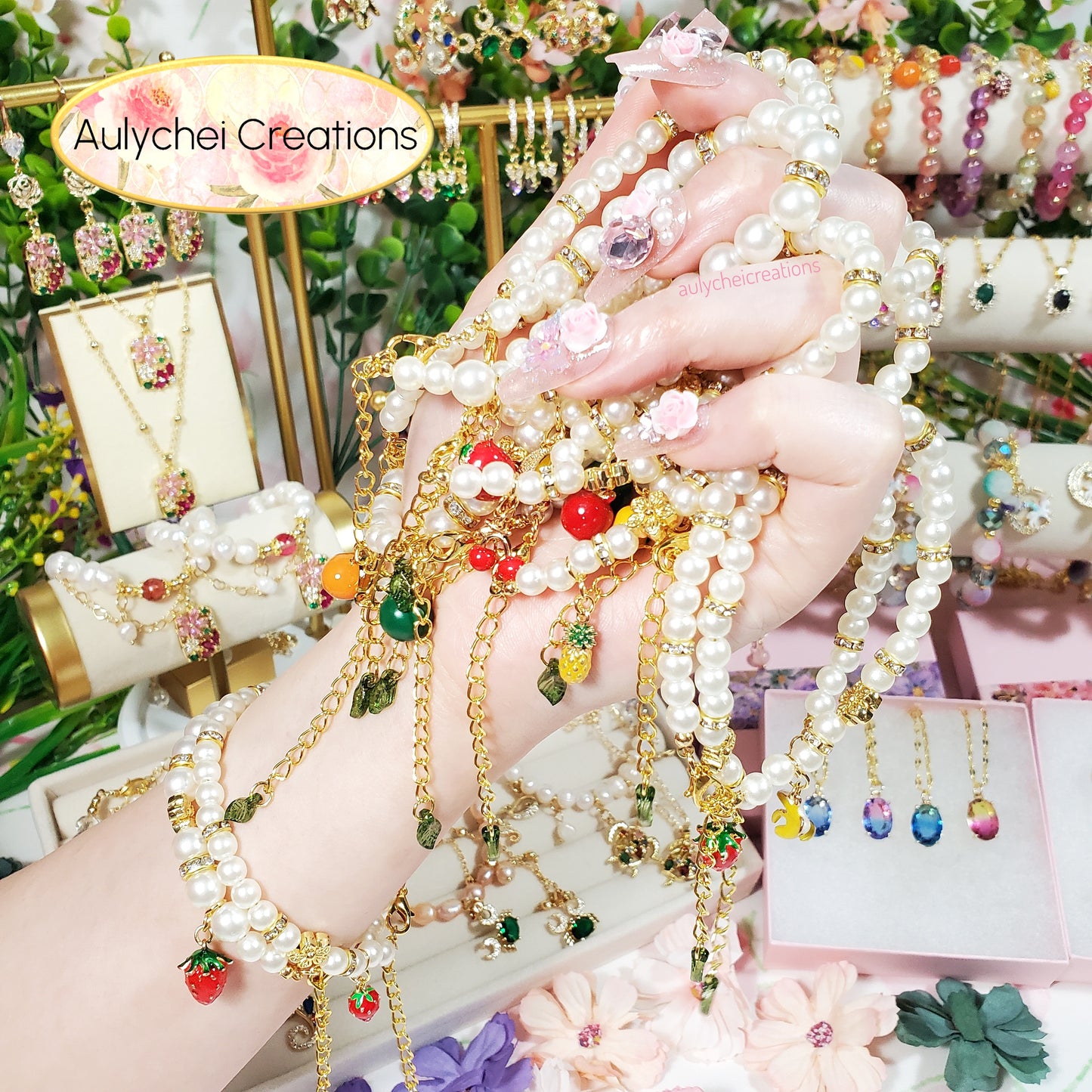 Ivory Pearl Cherry Enamel Charm Bracelet