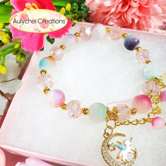 Pink Crystal Unicorn Frosted Bead Charm Bracelet