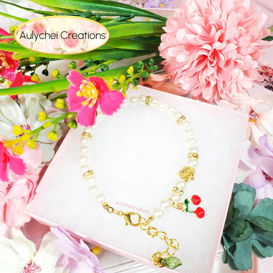 Ivory Pearl Cherry Enamel Charm Bracelet
