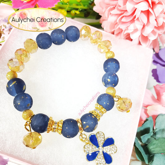 18K Blue Enamel Flower Frosted Bead Bracelet