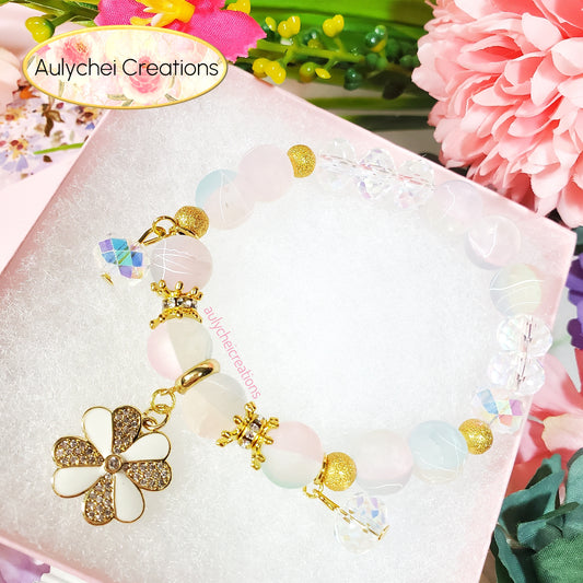 18K White Enamel Flower Frosted Bead Bracelet