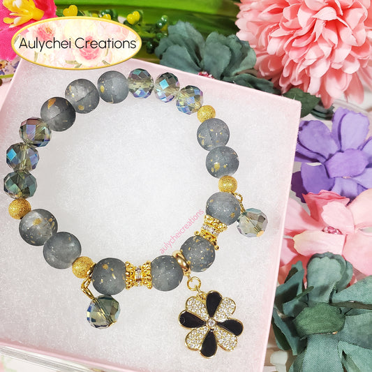 18K Black Enamel Flower Frosted Bead Bracelet