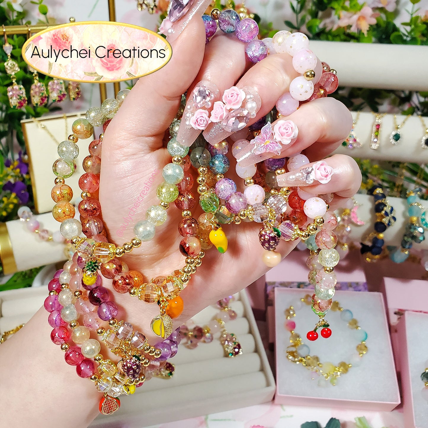 Cherry Enamel Marble Bead Charm Bracelet