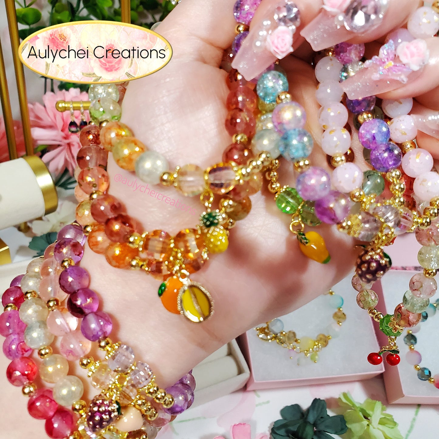 Peach Enamel Marble Bead Charm Bracelet 01