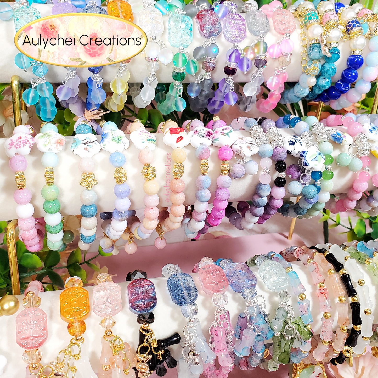 Blue Bamboo Glass Bead Bracelet Flower Pendant