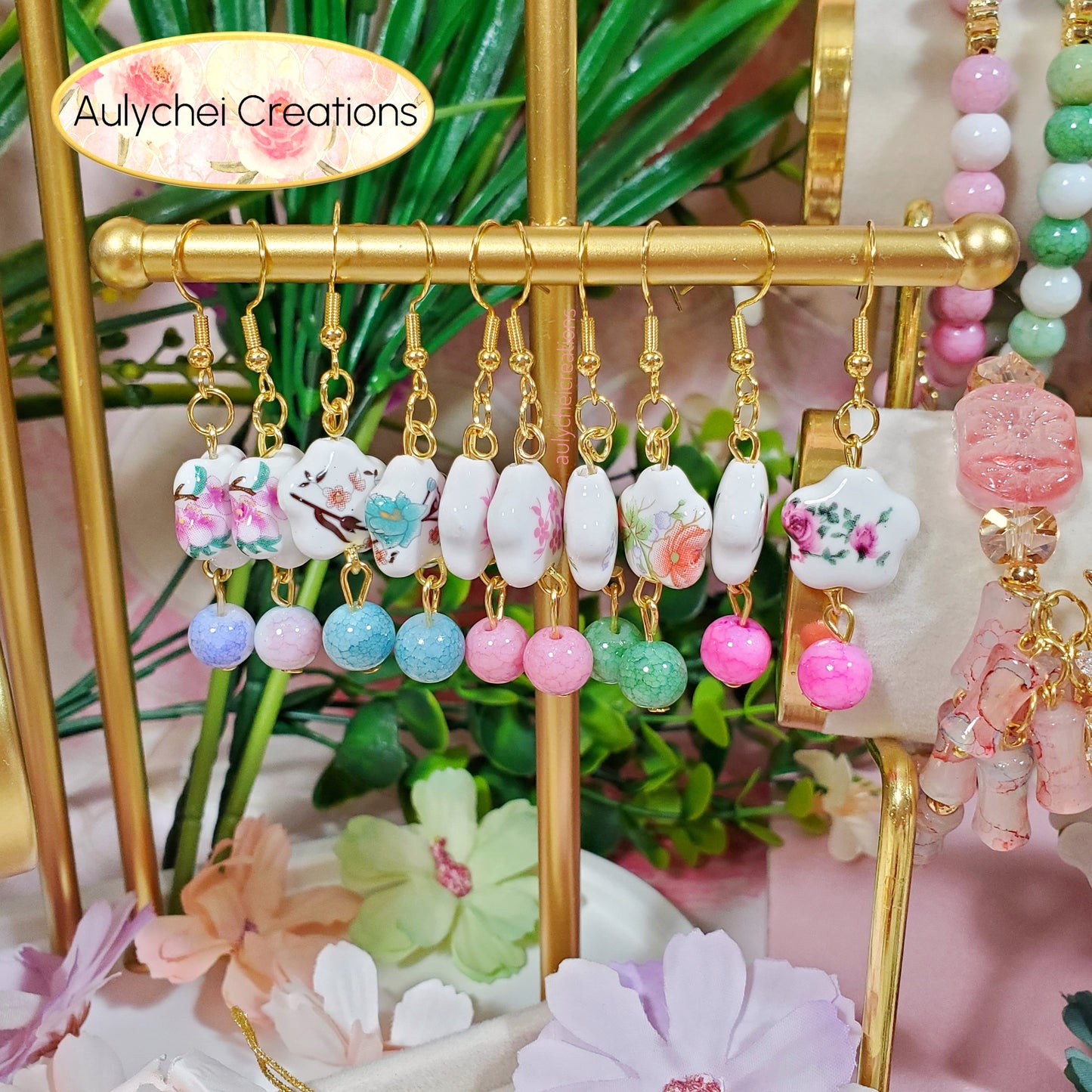 Rose Flower Ceramic Dangle Earrings