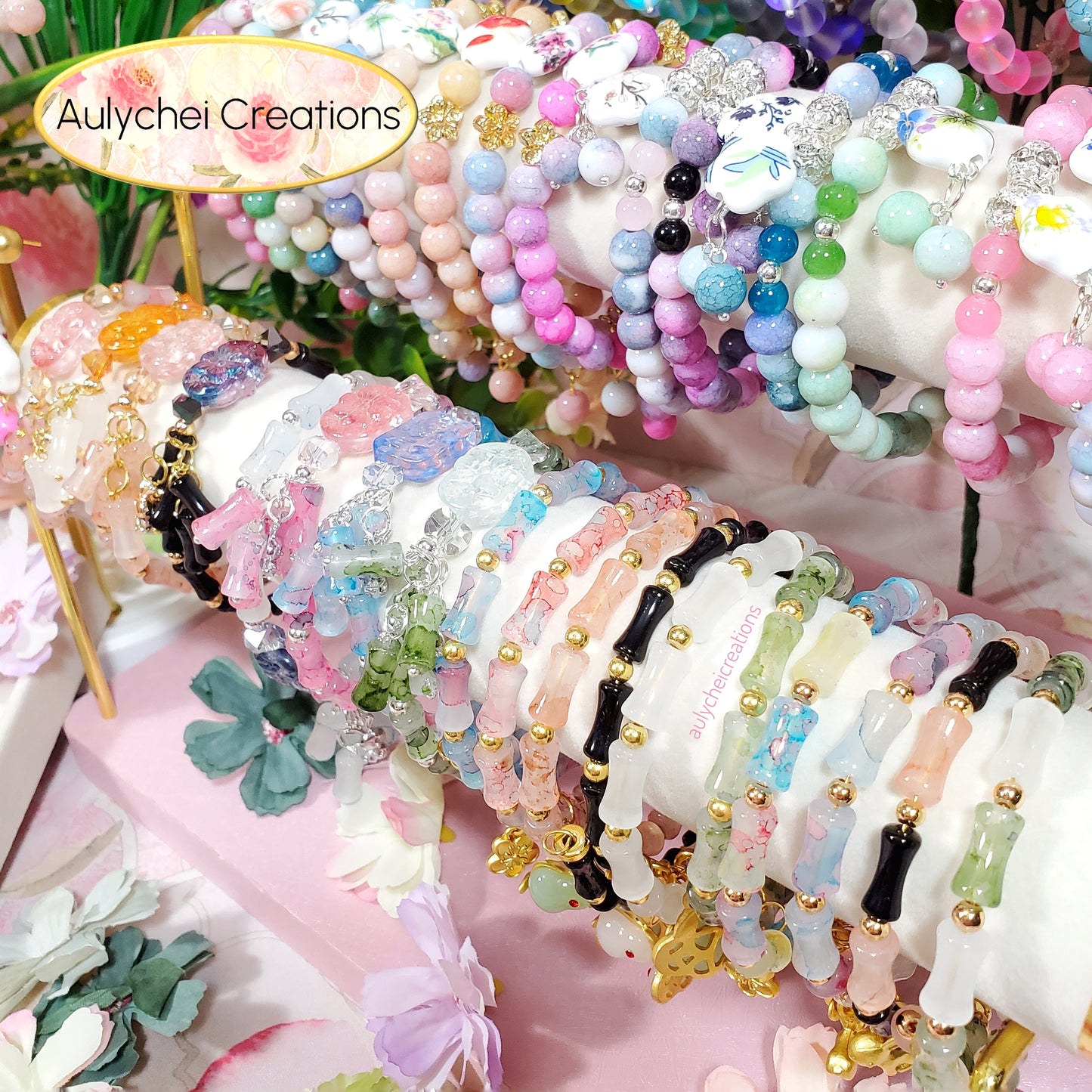 Peach Bamboo Glass Bead Bracelet Jade Rabbit