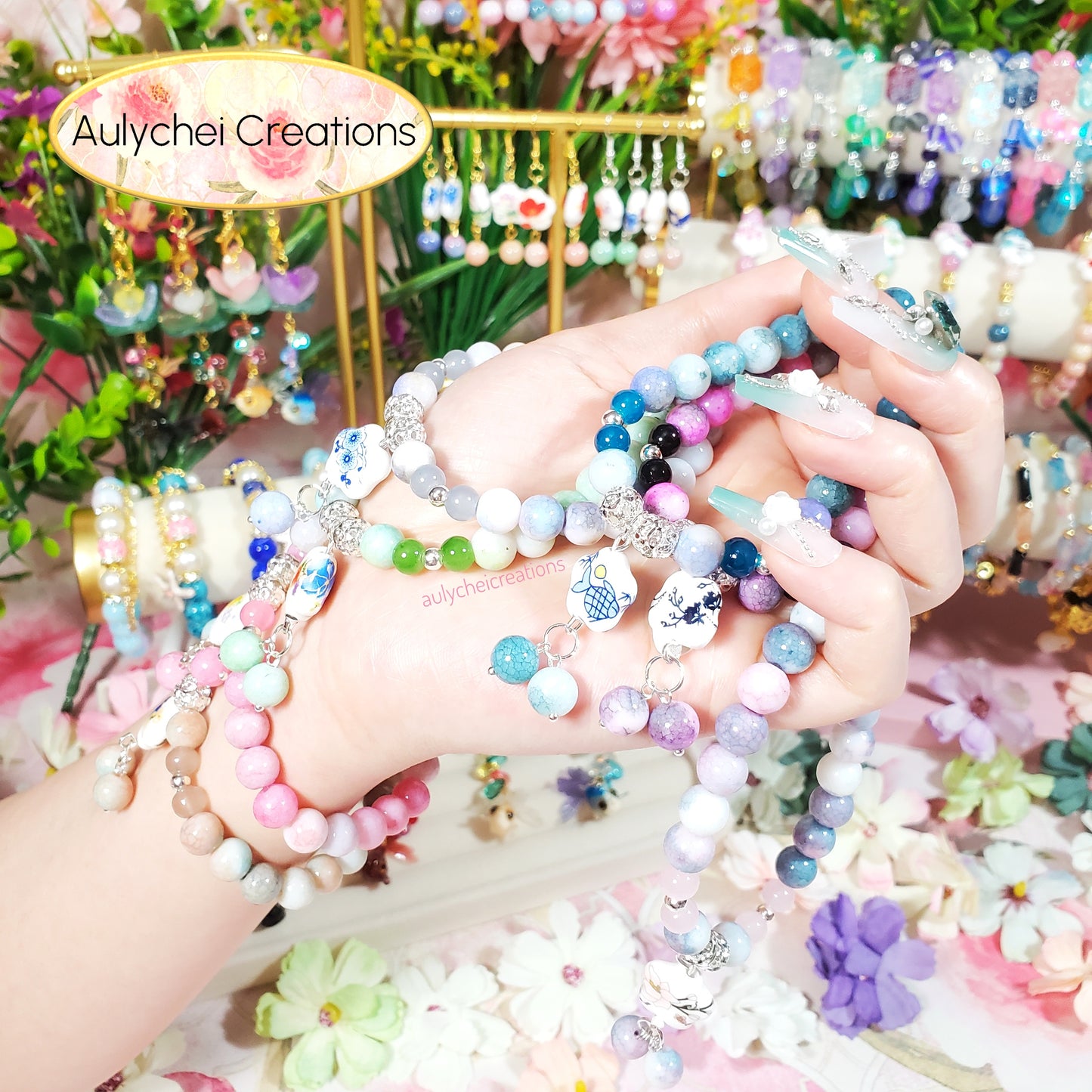 Blue Ceramic Flower Bead Bracelet