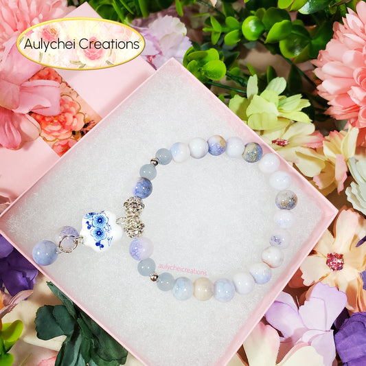 Blue Porcelain Ceramic Flower Bead Bracelet