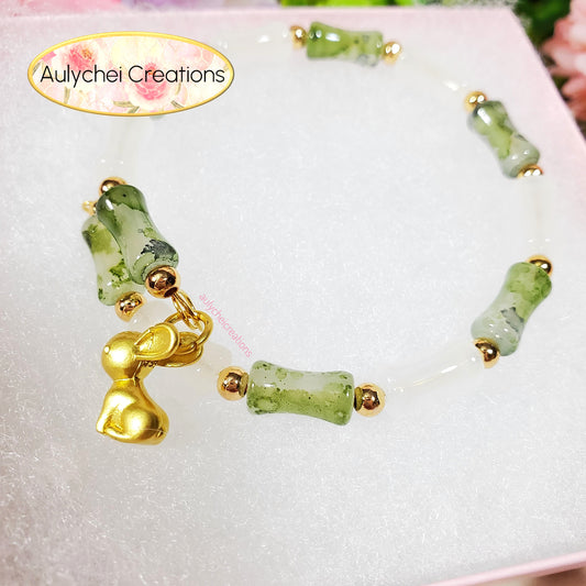 Green Bamboo Glass Bead Wrap Bracelet Gold Bunny
