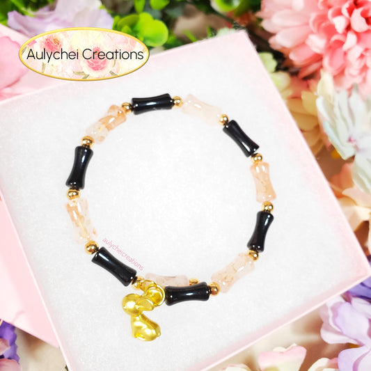 Black Bamboo Glass Bead Wrap Bracelet Gold Bunny
