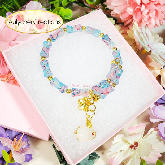 Blue-Pink Bamboo Glass Bead Bracelet Jade Rabbit