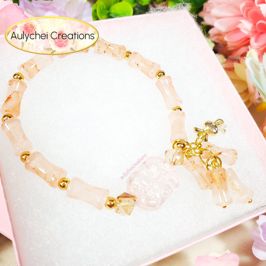 Peach Bamboo Glass Bead Bracelet Flower Pendant