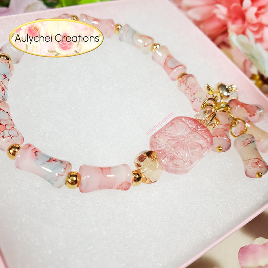 Pink Bamboo Glass Bead Bracelet Flower Pendant
