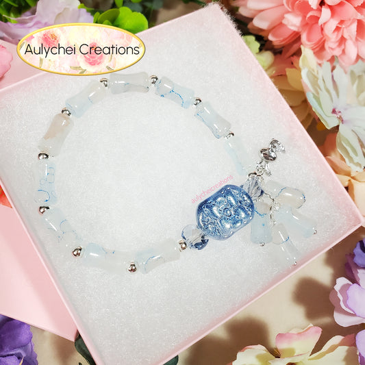 Mix Blue Bamboo Glass Bead Bracelet Flower Pendant