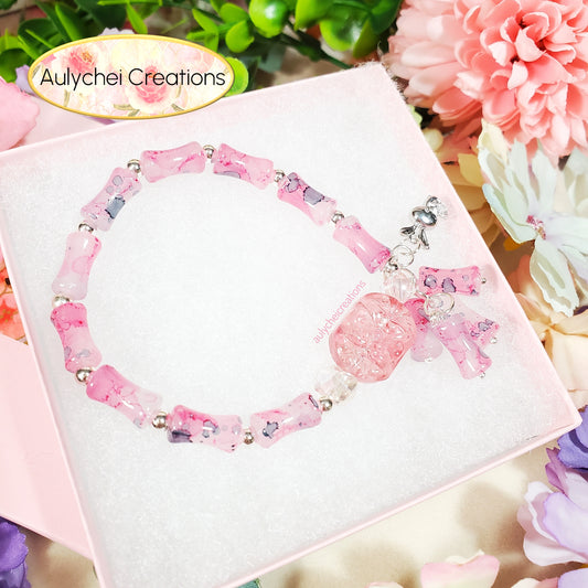 Mix Pink Bamboo Glass Bead Bracelet Flower Pendant