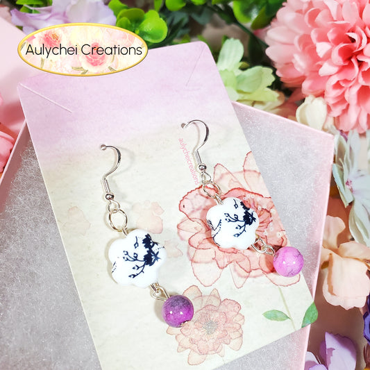 Dark Purple Flower Ceramic Dangle Earrings