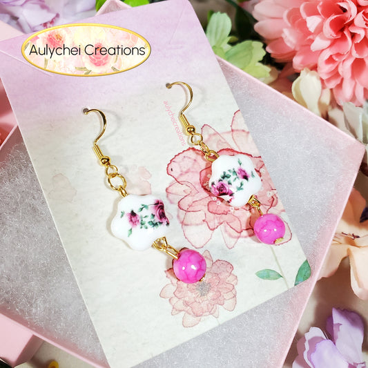 Rose Flower Ceramic Dangle Earrings