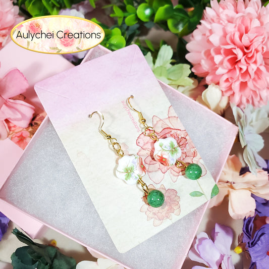 Green Flower Ceramic Dangle Earrings