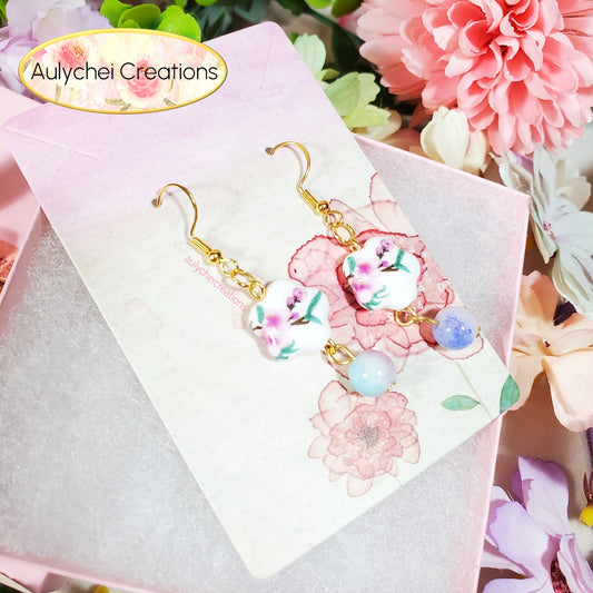 Pink Cherry Blossom Flower Ceramic Dangle Earrings