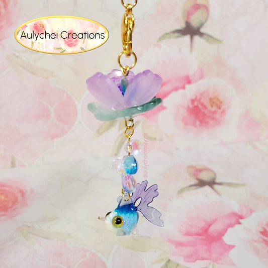 Blue Goldfish Lotus Flower Glass Bead Keychain 01