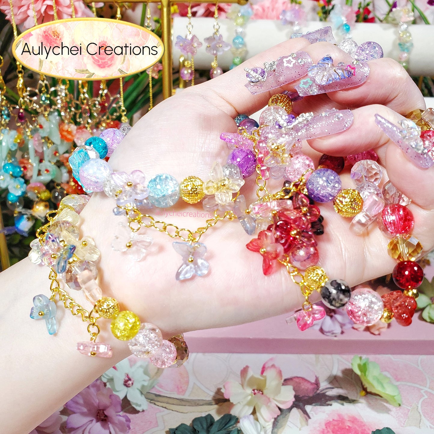 Yellow Butterfly Crackle Glass Beaded Bracelet