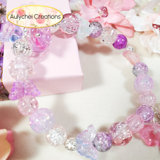 Purple Lily Butterfly Crackle Glass Beaded Bracelet