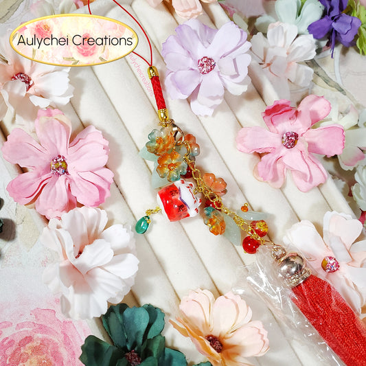 Red Orange Cat Glass Flower Bead Tassel Lanyard