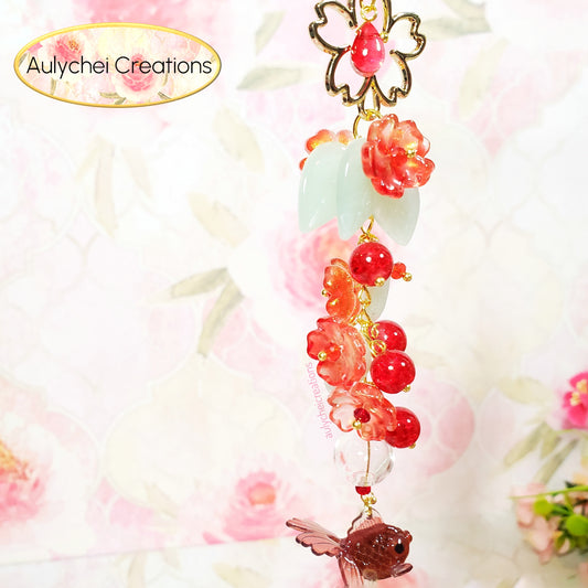 Red 3D Glass Goldfish Flower Lanyard
