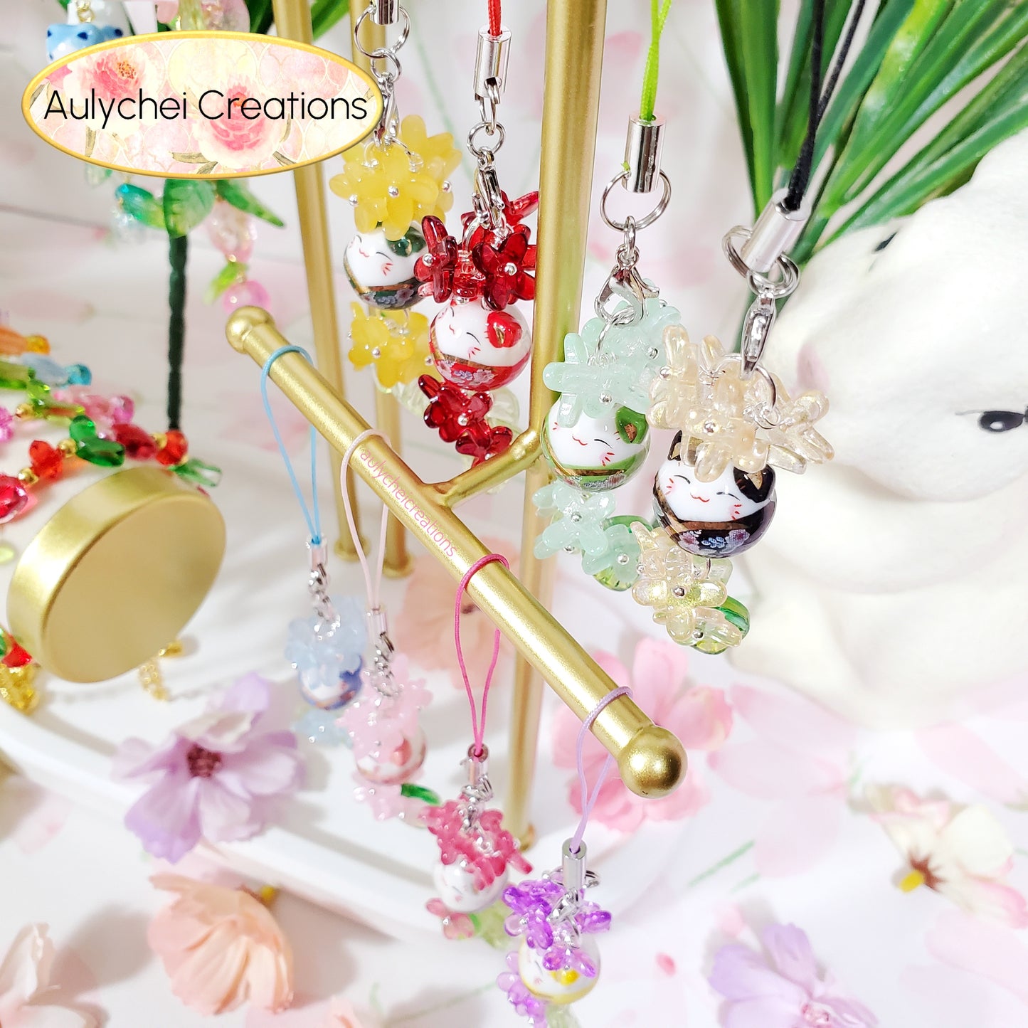 Purple Osmanthus Cat Flower Bead Keychain