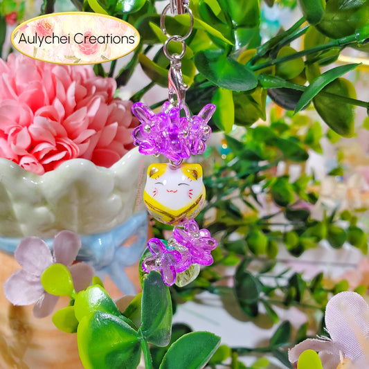 Purple Osmanthus Cat Flower Bead Keychain