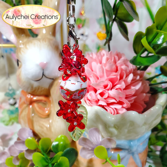 Red Osmanthus Cat Flower Bead Keychain