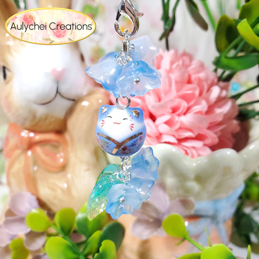Blue Lily Cat Flower Bead Keychain