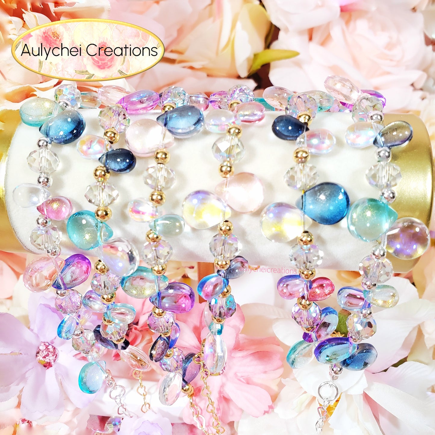 Glass Water Bead Gold Chain Bracelet 04