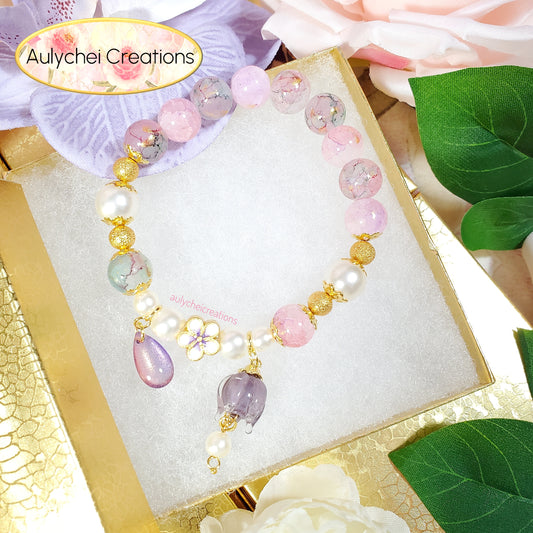 Purple Glass Lantern Beaded Charm Bracelet