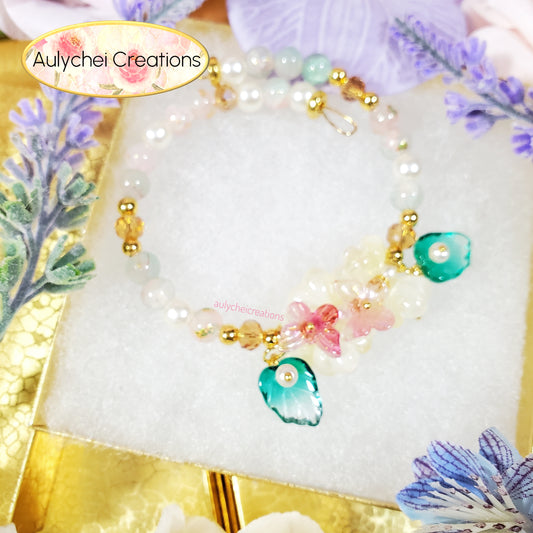 Ivory Glass Flower and Butterfly Beaded Wrap Bracelet