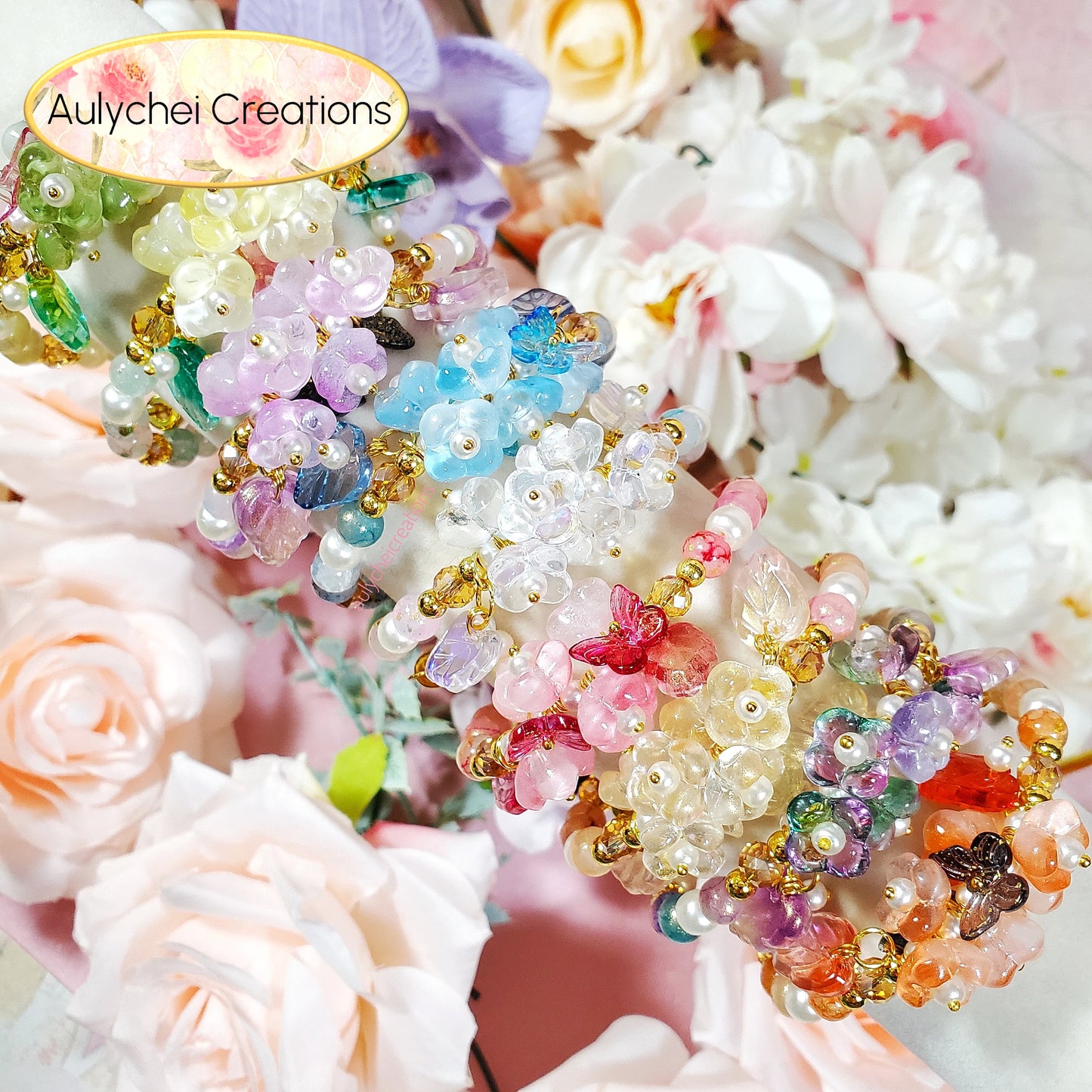 Ivory Glass Flower and Butterfly Beaded Wrap Bracelet