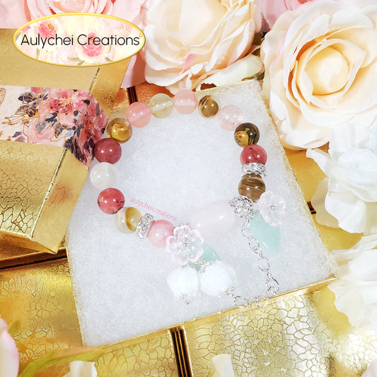 Watermelon Jade Gemstone Bracelet with Rose Quartz Pendant