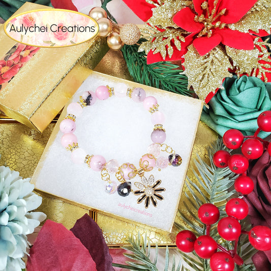 Cherry Blossom Gemstone Bracelet with 18K Daisy Enamel Charm