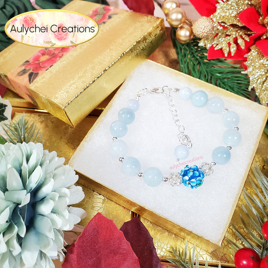 Blue Chalcedony Gemstone Lampwork Blossom Bracelet