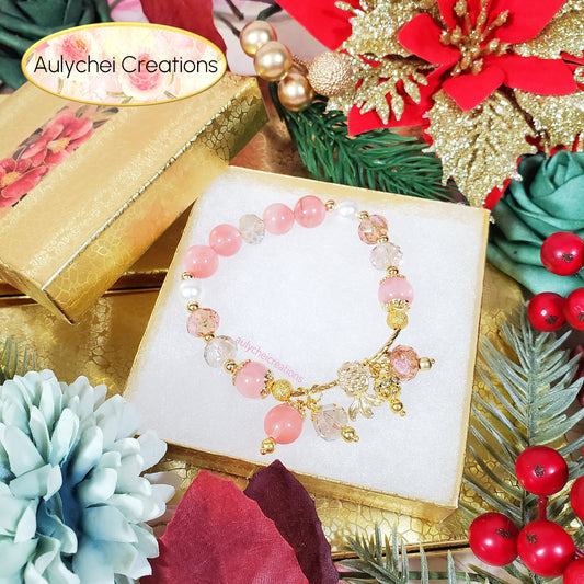 Cherry Quartz Gemstone Lampwork Bracelet with Goldfish Charm